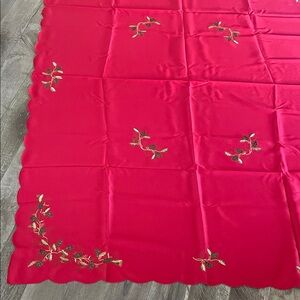 Red Embroidered Rectangular Tablecloth with Scalloped Edge
